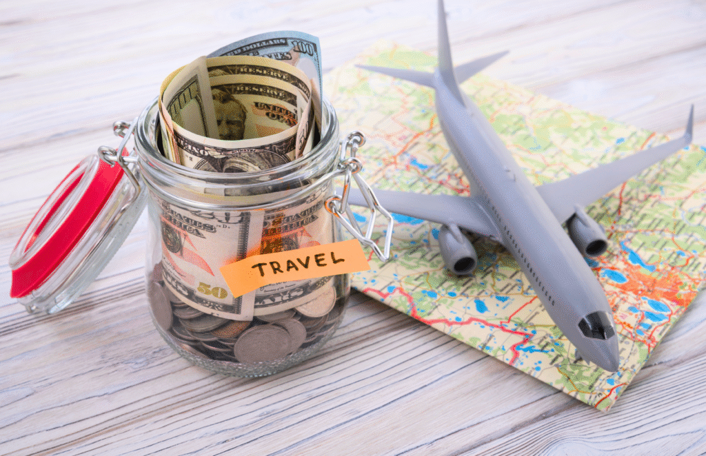 Budget Travel Tips Featured Image A jar with money bills inside and a map, a toy plane 