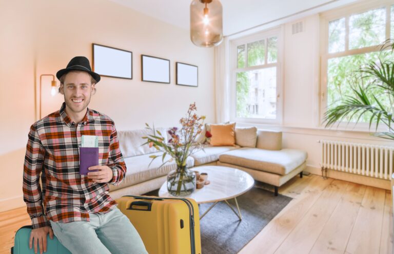 House-Sitting and Home Exchange - A man sitting on his luggage in the living room while holding his passport with an airline ticket inside