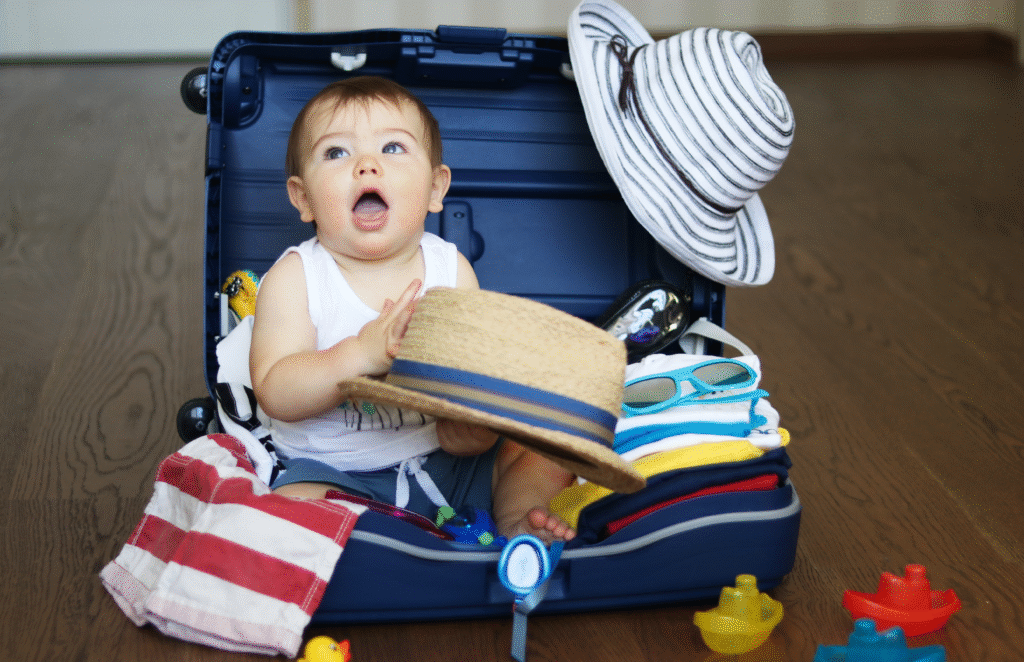 Travel Safety Tips for Kids A fun image of a baby inside a travel luggage with other baby essentials