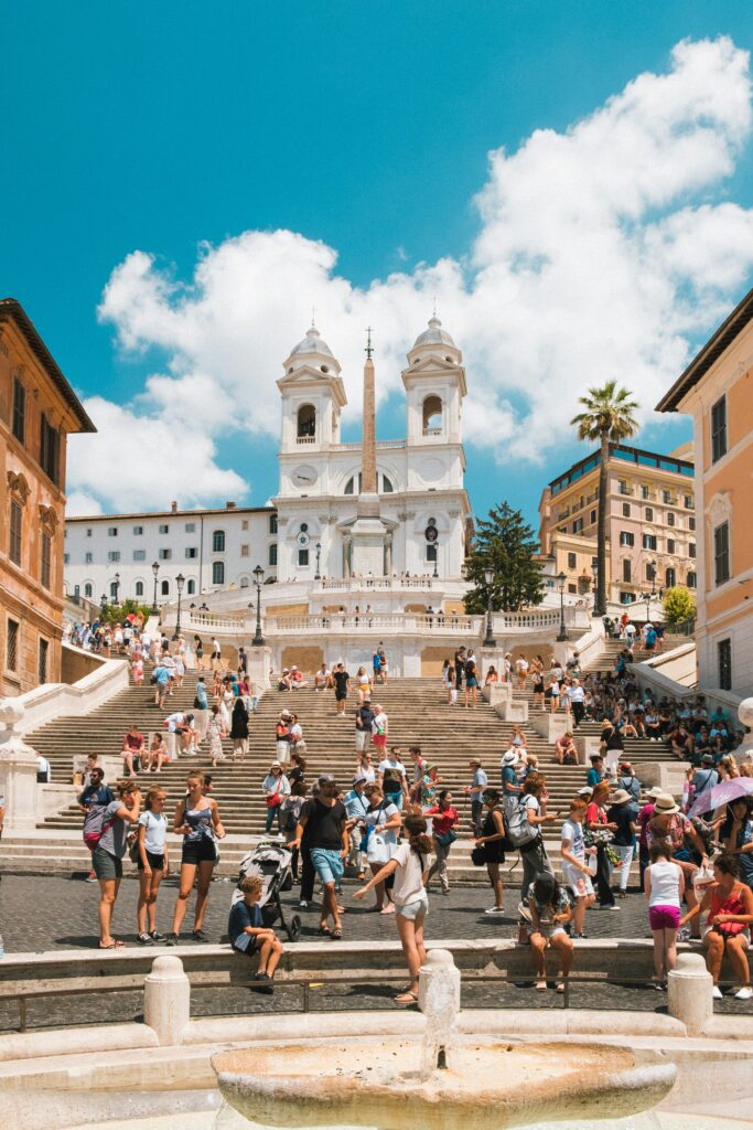 Free Attractions and Activities - Summary Featured Image - Tourists enjoying free tour at the Spanish Steps in Roma, Italy