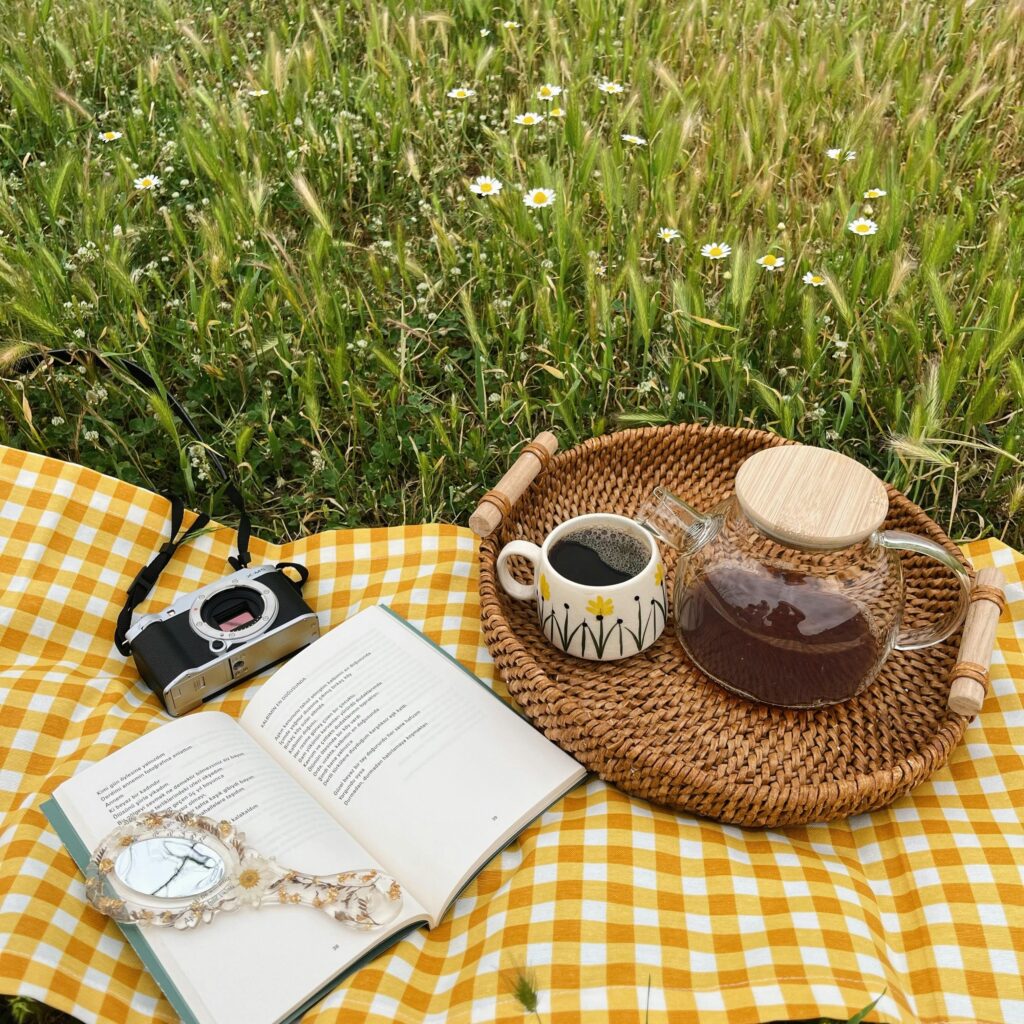 Traveletty - Urban Parks for Picnicking - A picnic setup displaying coffee cups, a book, a vintage camera on top of a yellow picnic cloth