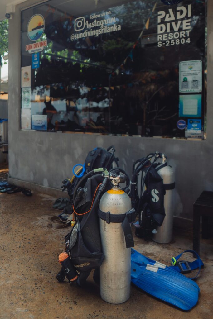 Traveletty - Dive Resorts - diving gear set up at a diving resort in Sri Lanka