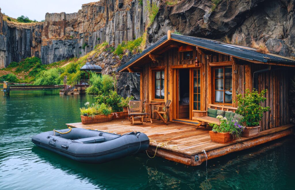 Traveletty - Floating Cabins - A wooden cabin rests on a floatin platform near calm green waters, surrounded by rocky cliffs and lush greenery, creating a peaceful vacation treat.