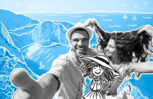 Traveletty - Romantic Travel Destinations - Couple taking a playful selfie at the top of a hill while on a vacation