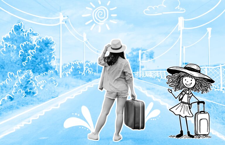 Traveletty - Solo Female Travel Safety - A young female traveler wearing a fedora hat and holding a red vintage suitcase posing in the middle of the road