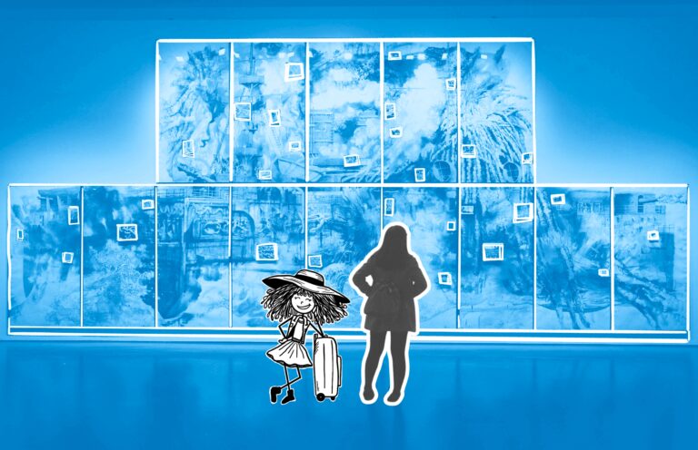 Traveletty - Museums and Art Galleries - Featured Image - A silhouette of a woman standing in front of an art display in a museum