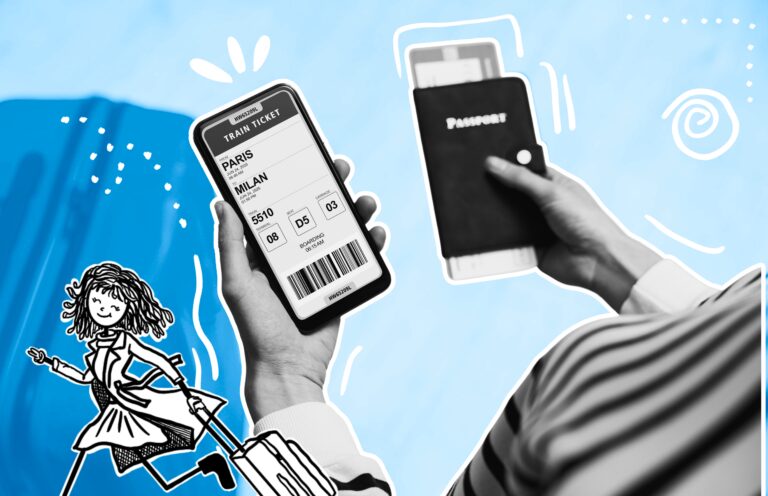 Traveletty - Best Free Travel Apps - Featured Image - Hands of a traveler holding a phone on the left hand, looking on a travel app while holding a passport on the right hand with a red luggage in the background.