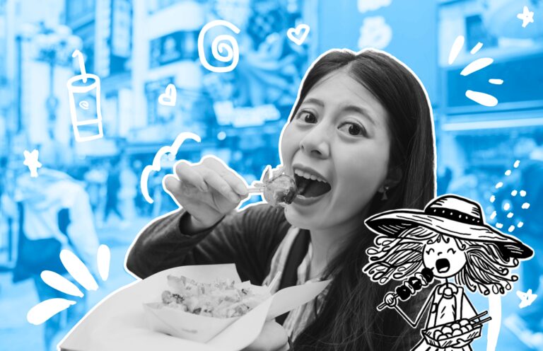 Traveletty - Budget Travel Food Tips - Featured Image - A young female traveler eating street food