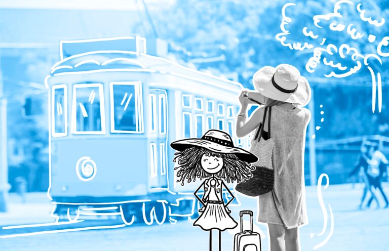 Budget Travel Transportation - Young woman tourist photographing famous retro yellow tram traveling