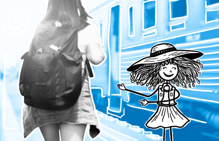 Public Transport for Travelers - a young woman carrying a black backpack. She is walking towards a train and about to get on baord.
