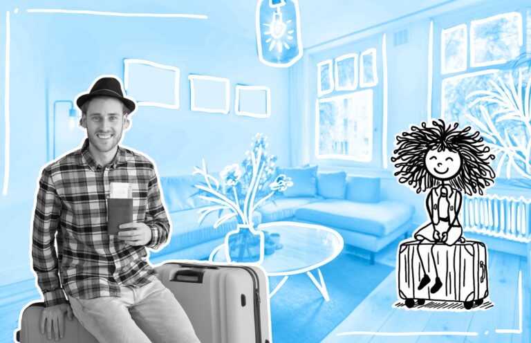 House-Sitting and Home Exchange - A man sitting on his luggage in the living room while holding his passport with an airline ticket inside