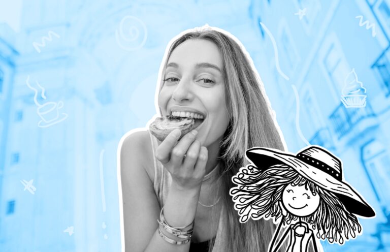 Cheap Travel Food Tips - A young women smiling while taking a bite of food