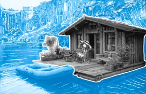 Traveletty - Floating Cabins - A wooden cabin rests on a floatin platform near calm green waters, surrounded by rocky cliffs and lush greenery, creating a peaceful vacation treat.