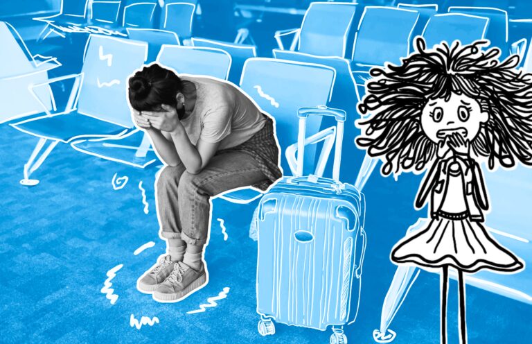 Traveletty - Common Travel Scams - Featured Image - A sad female tourist sitting that has red luggage beside her, being alone in the airport