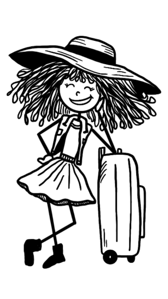 Traveletty Character - Letty is leaning her elbow against the big luggage to rest 
